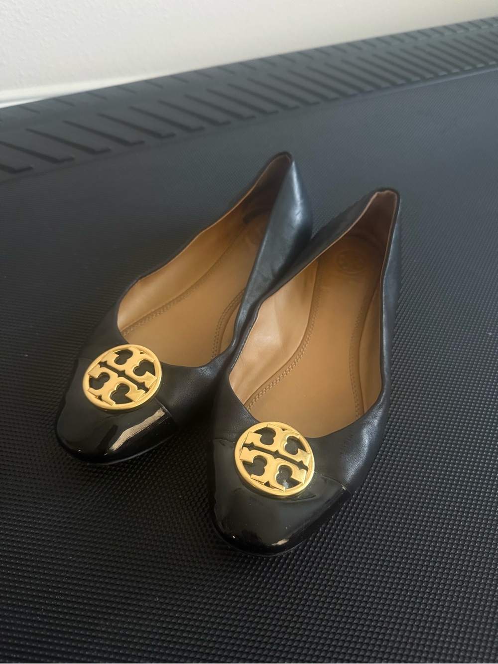 Tory Burch Black Leather Flats with Gold Logo Medallion
